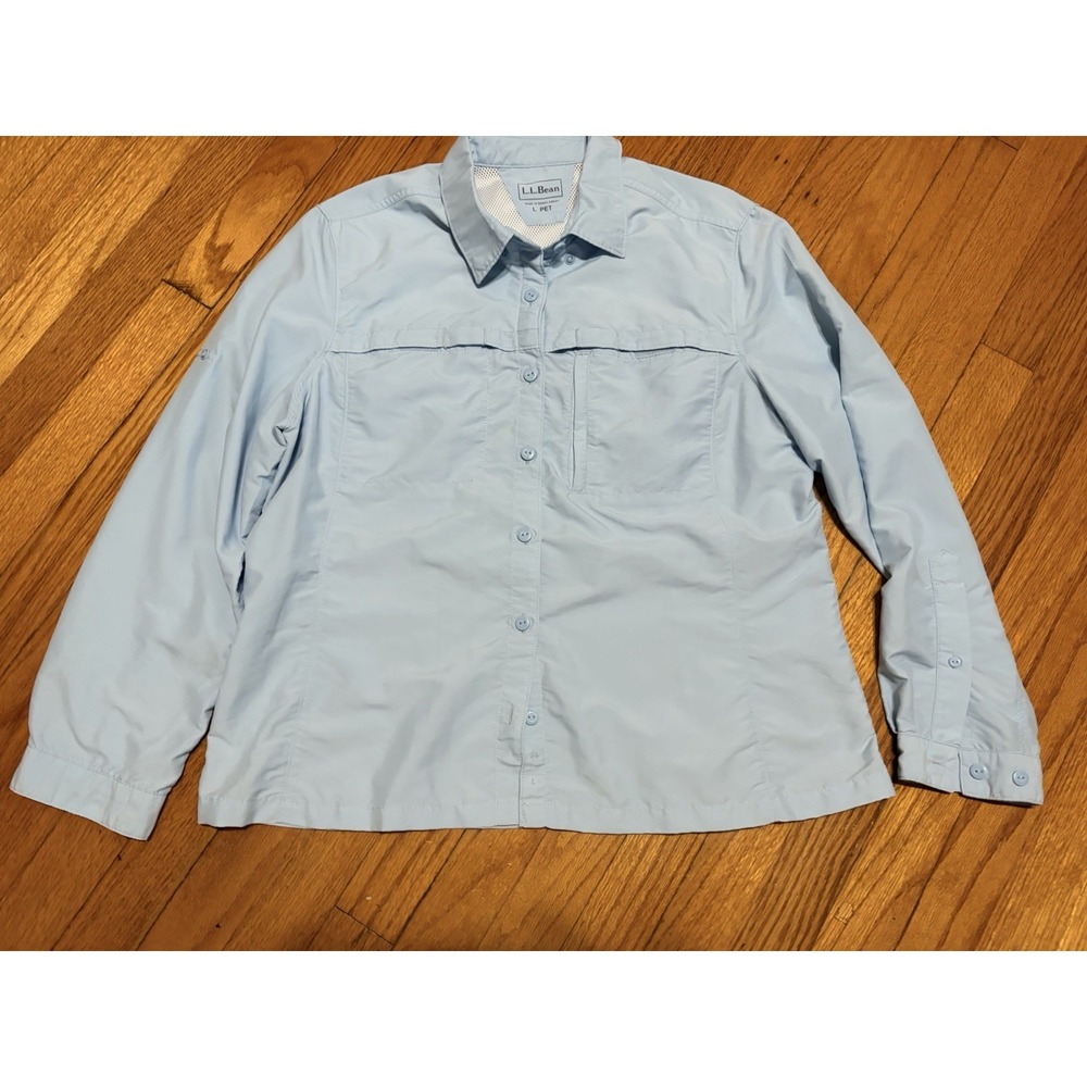 LL Bean Fishing Shirt Women Large Petite Blue Hiking Utility Gorpcore